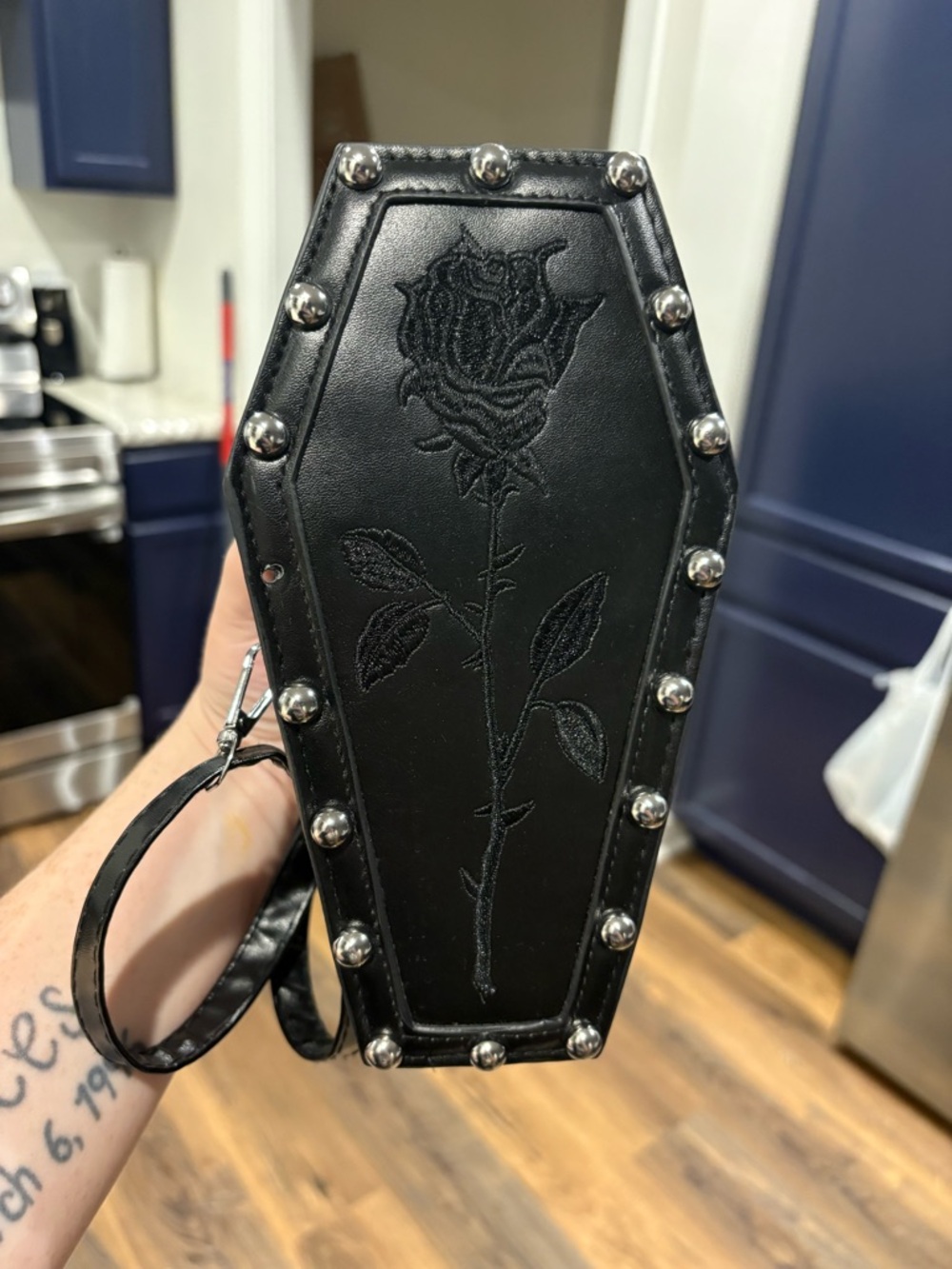 Black Coffin Wristlet Bag with Rose Embroidery
